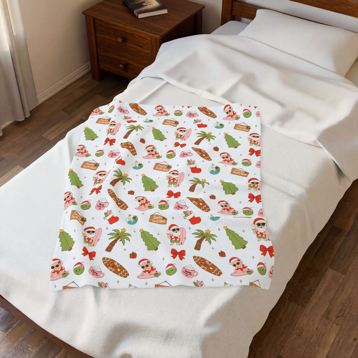 Holiday Surf Santa Velveteen Plush Blanket — Tropical Christmas Throw