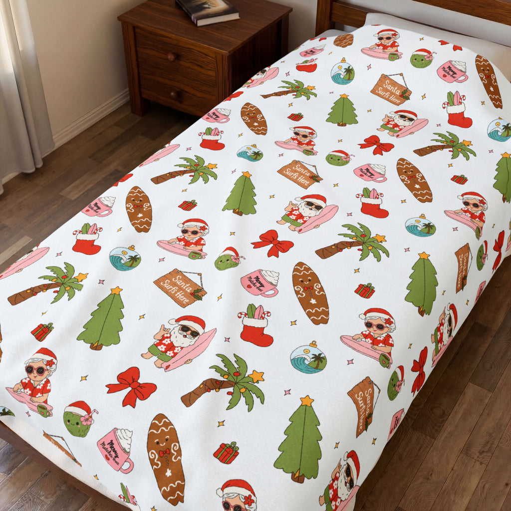 Holiday Surf Santa Velveteen Plush Blanket — Tropical Christmas Throw