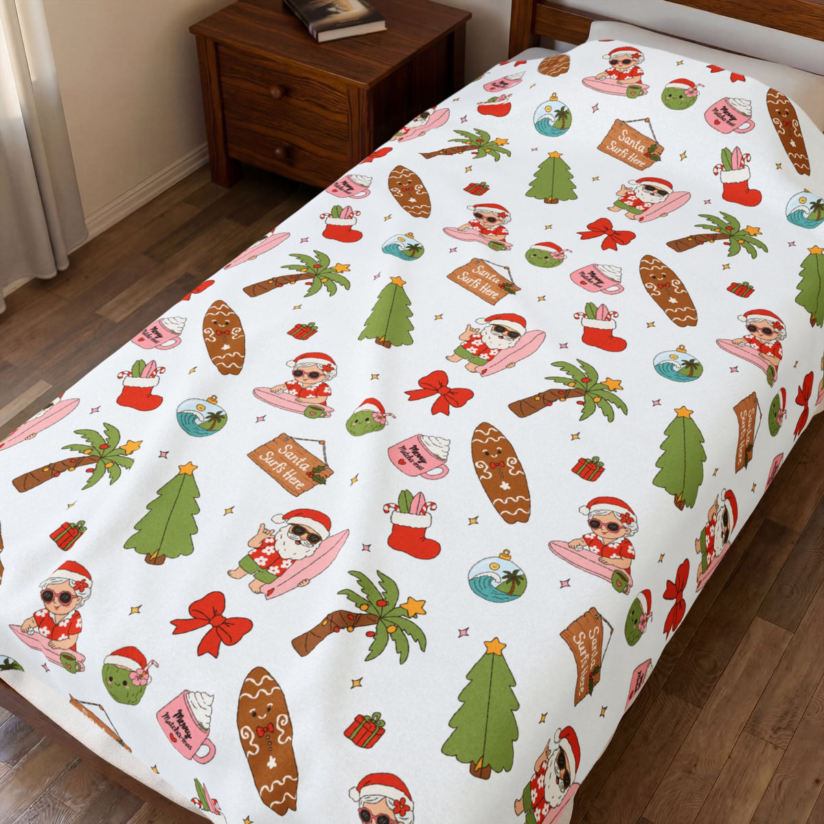 Holiday Surf Santa Velveteen Plush Blanket — Tropical Christmas Throw