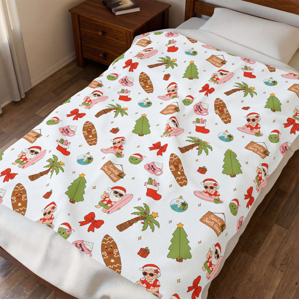 Holiday Surf Santa Velveteen Plush Blanket — Tropical Christmas Throw