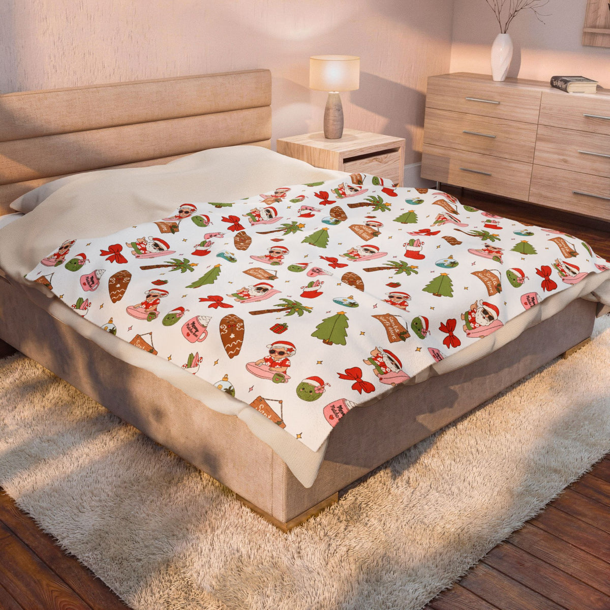 Holiday Surf Santa Velveteen Plush Blanket — Tropical Christmas Throw