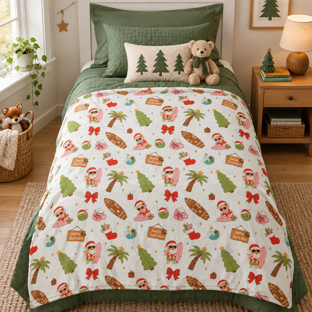 Holiday Surf Santa Velveteen Plush Blanket — Tropical Christmas Throw