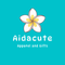 Logo of Aidacute with a flower design on a blue background
