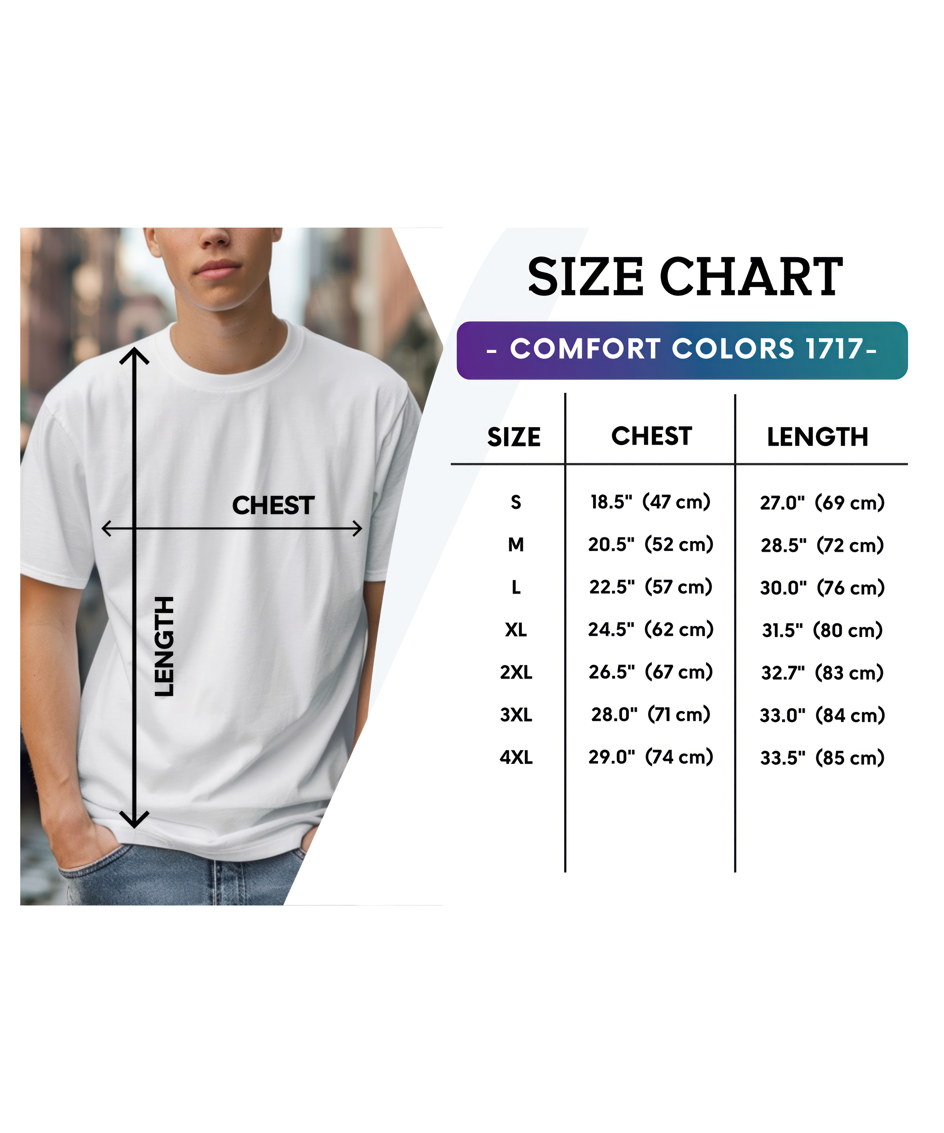 White t-shirt with size chart on a white background