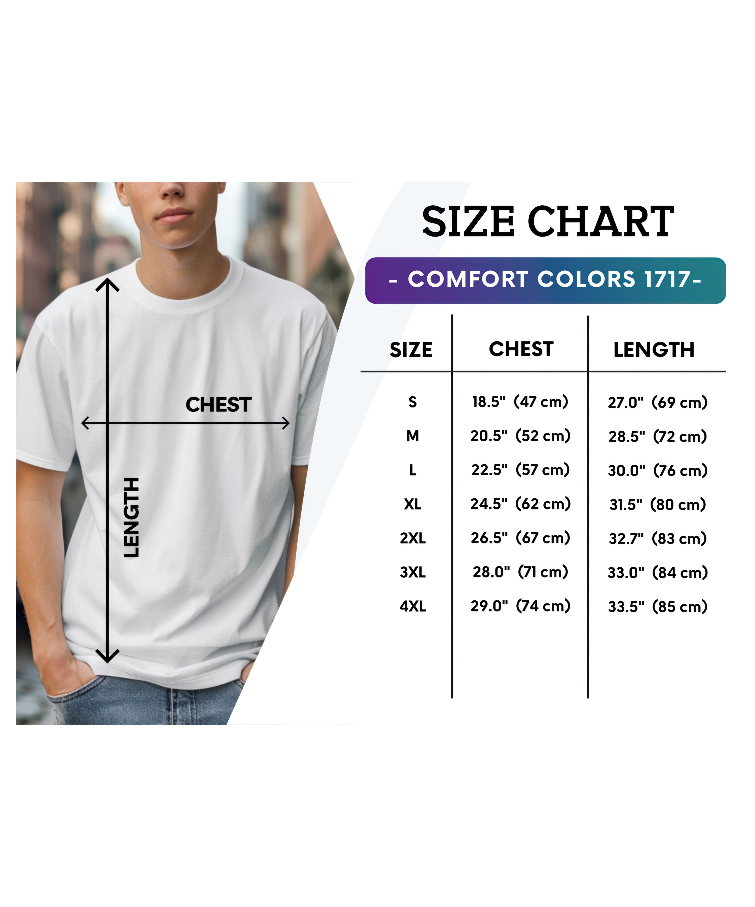 White t-shirt with size chart on a white background