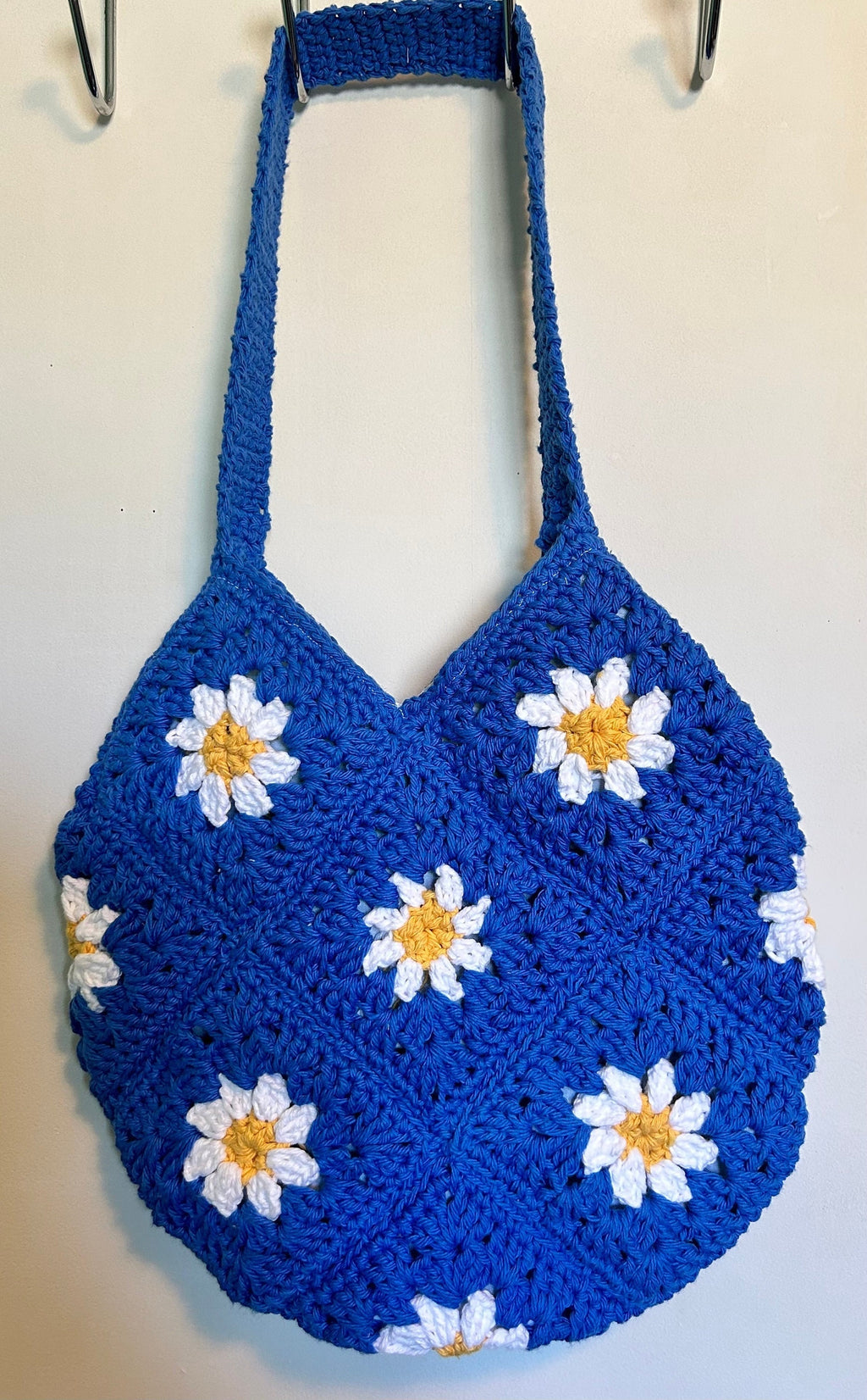 Daisy Tote bag, hand crocheted granny squares , royal blue cotton yarn tote