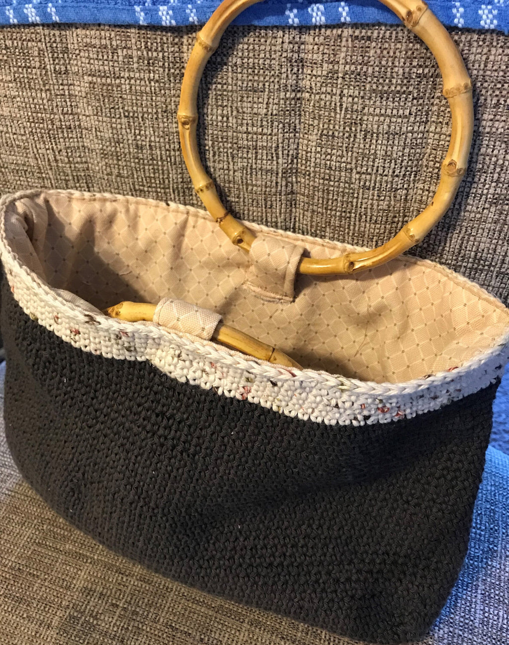 Handmade Crochet Cotton Tote Bag with Bamboo Handles