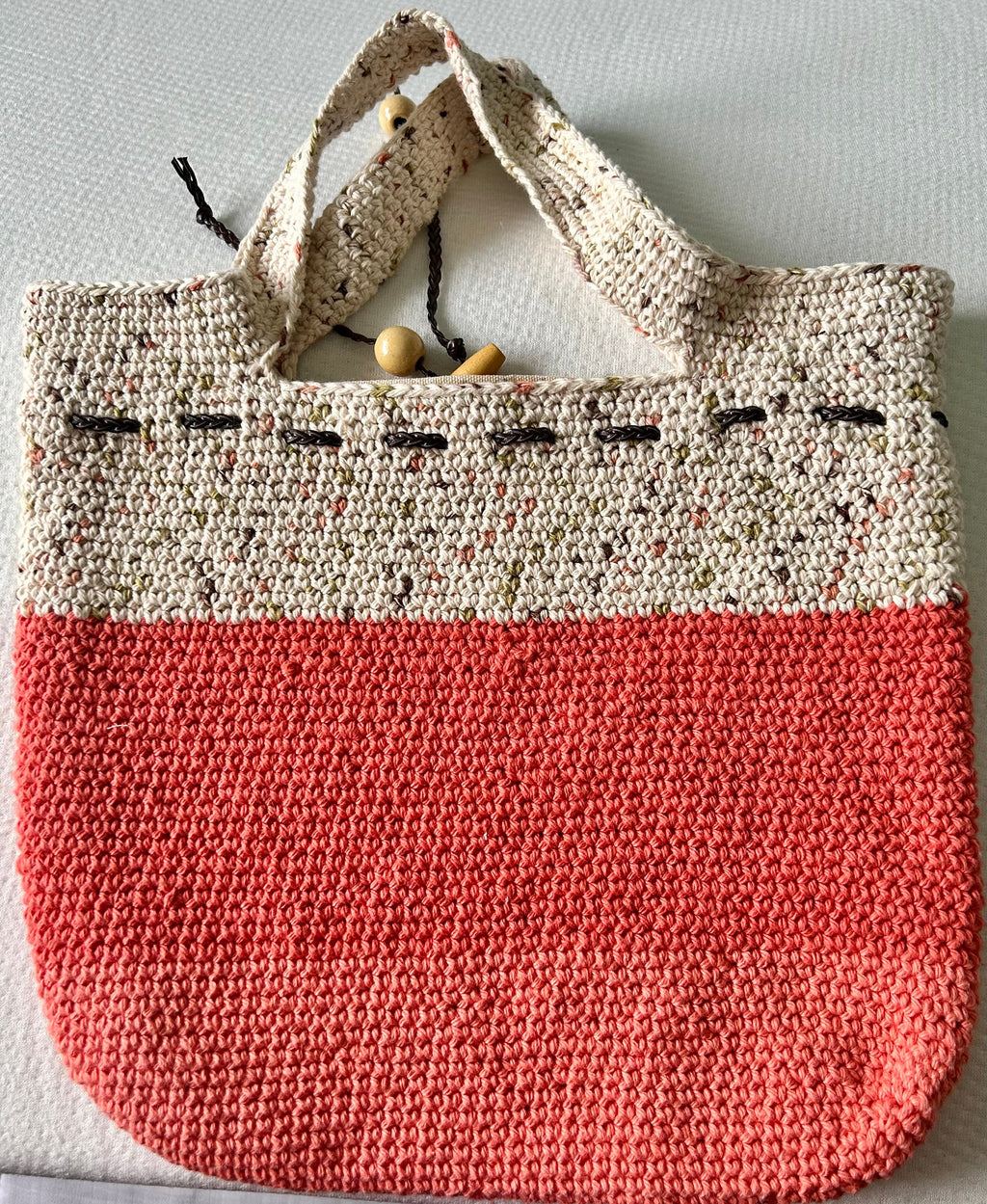 Handmade Crochet Tote Bag: Pumpkin and beige Cotton Yarn lined