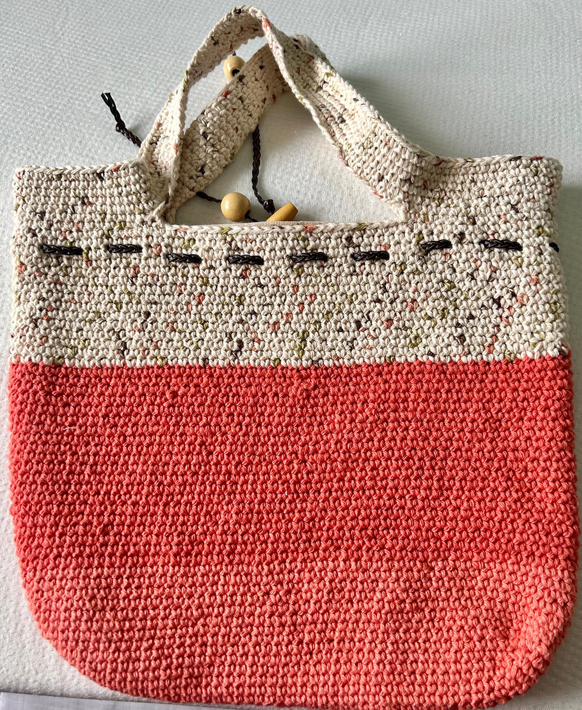 Handmade Crochet Tote Bag: Pumpkin and beige Cotton Yarn lined