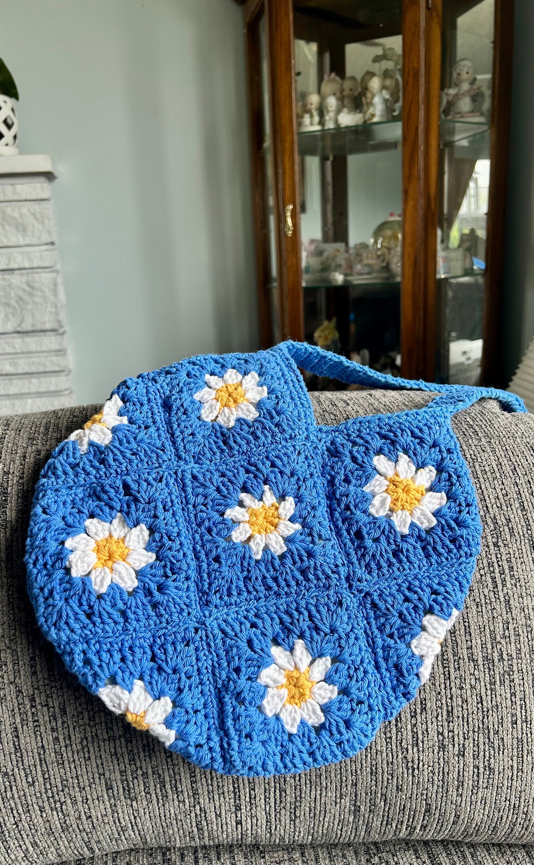 Daisy Tote bag, hand crocheted granny squares , royal blue cotton yarn tote