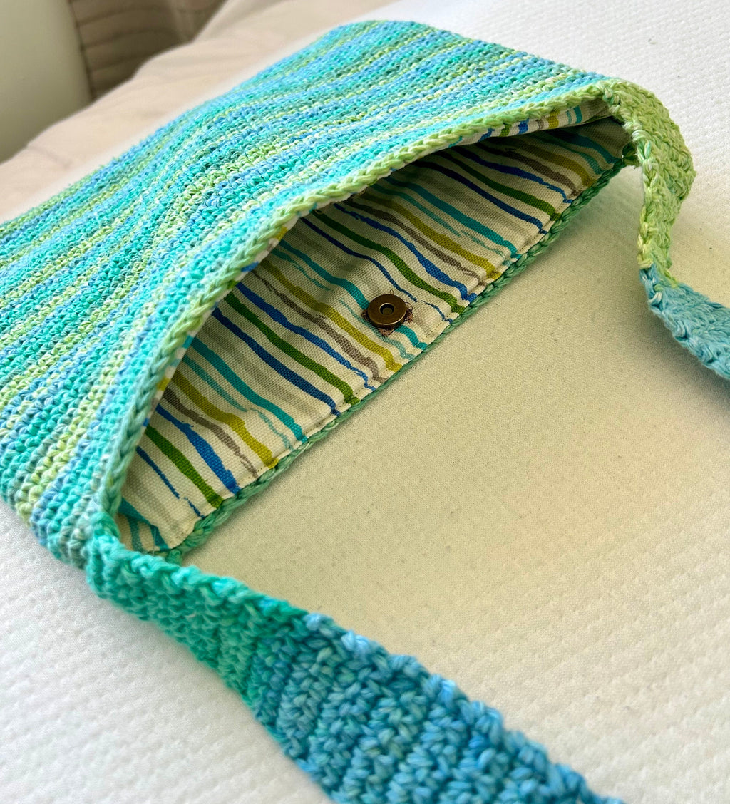 Handmade Crochet Striped Cotton Bag: Blue Green Lined Gift Bag