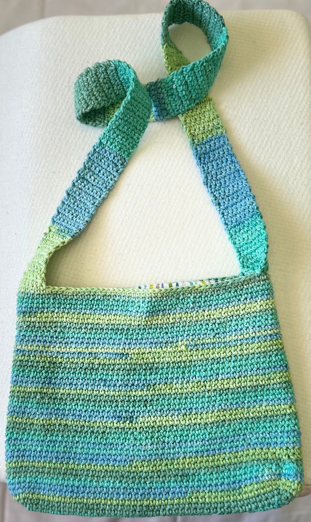 Handmade Crochet Striped Cotton Bag: Blue Green Lined Gift Bag