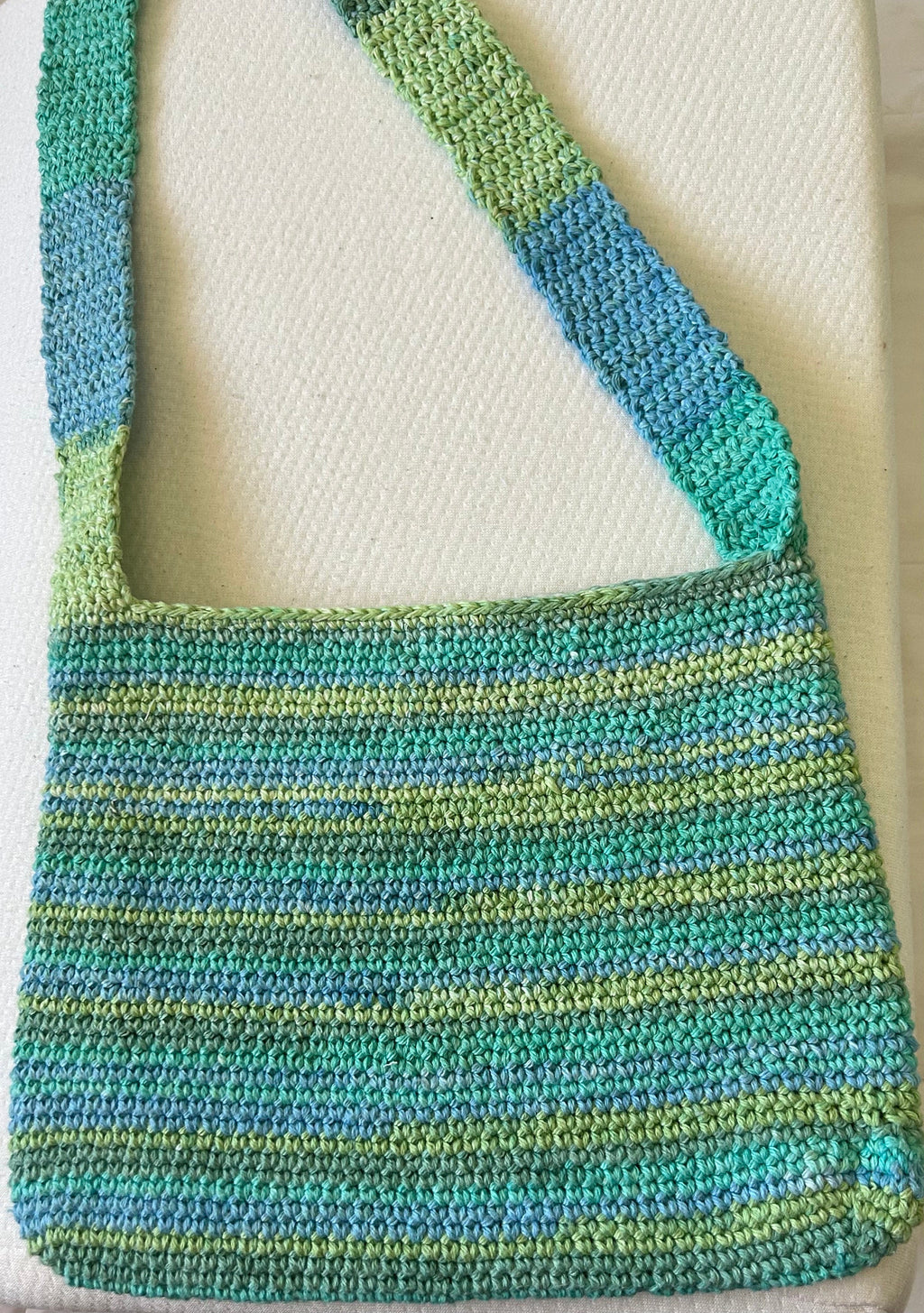 Handmade Crochet Striped Cotton Bag: Blue Green Lined Gift Bag