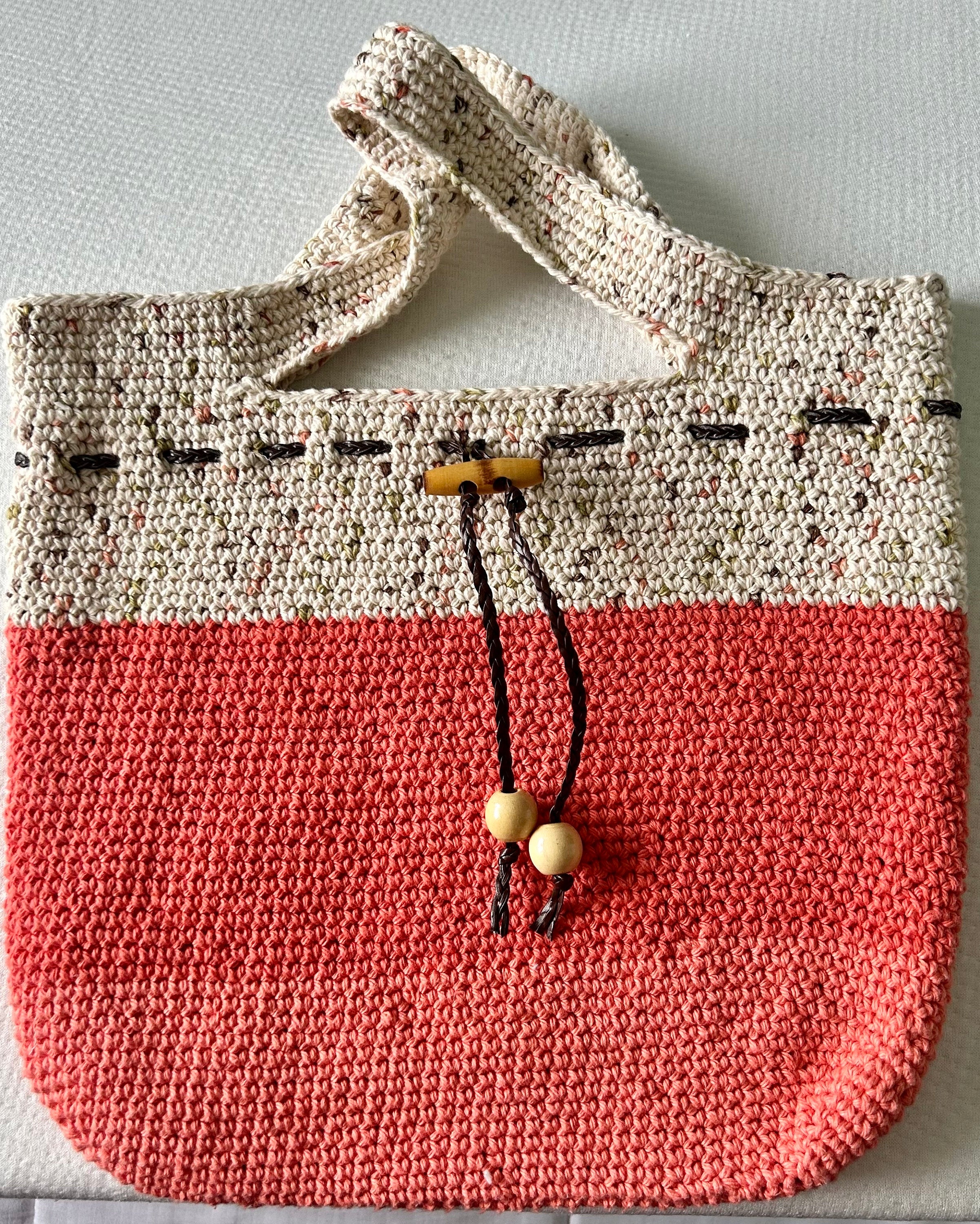 Handmade Crochet Tote Bag: Pumpkin and beige Cotton Yarn lined