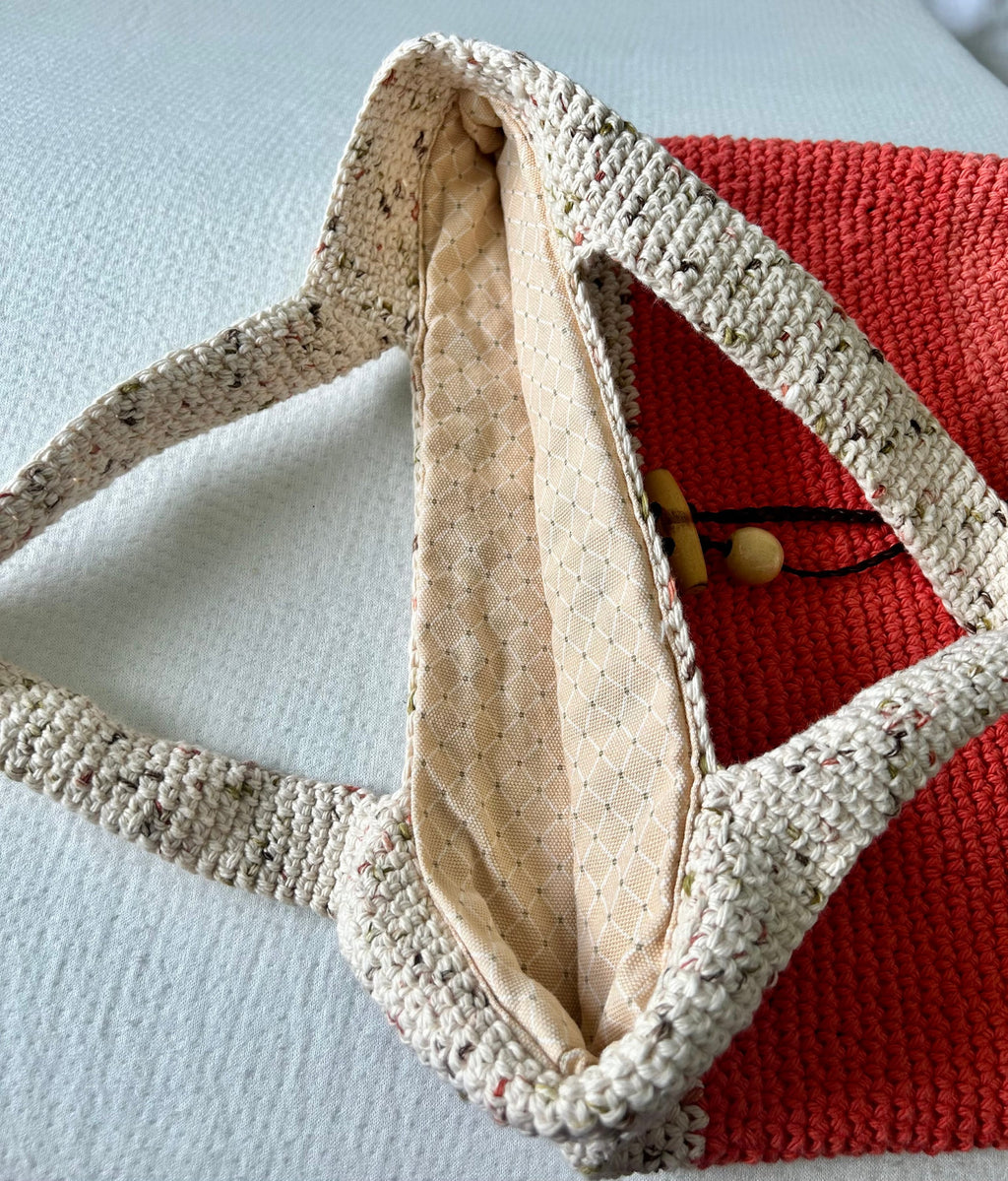 Handmade Crochet Tote Bag: Pumpkin and beige Cotton Yarn lined