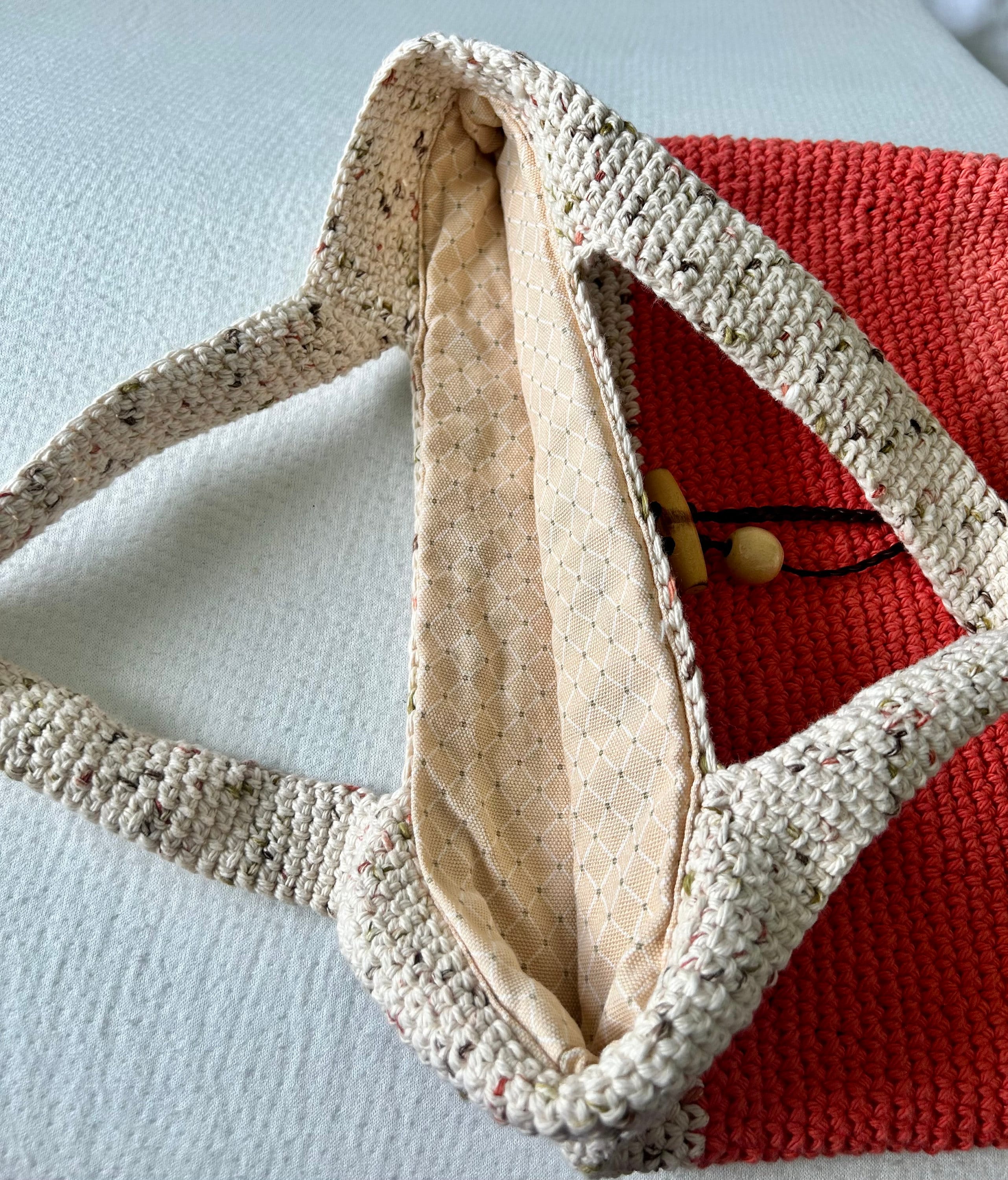 Handmade Crochet Tote Bag: Pumpkin and beige Cotton Yarn lined