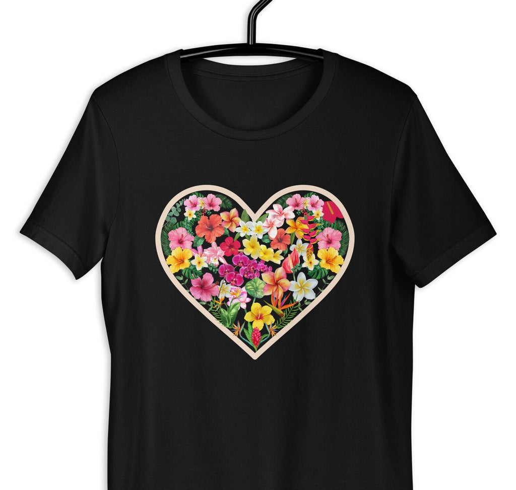 Tropical Flowers Heart T-Shirt: Hawaiian Plumeria Hibiscus Tee
