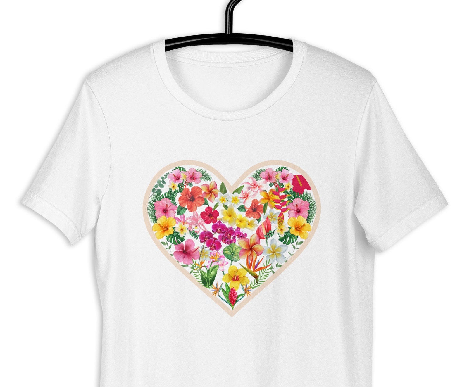Tropical Flowers Heart T-Shirt: Hawaiian Plumeria Hibiscus Tee