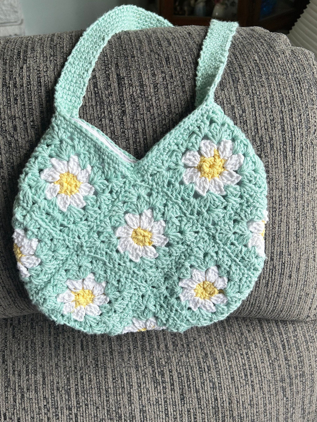 Handmade Crochet Daisy Granny Square Bag: Mint Green Cotton