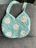 Handmade Crochet Daisy Granny Square Bag: Mint Green Cotton