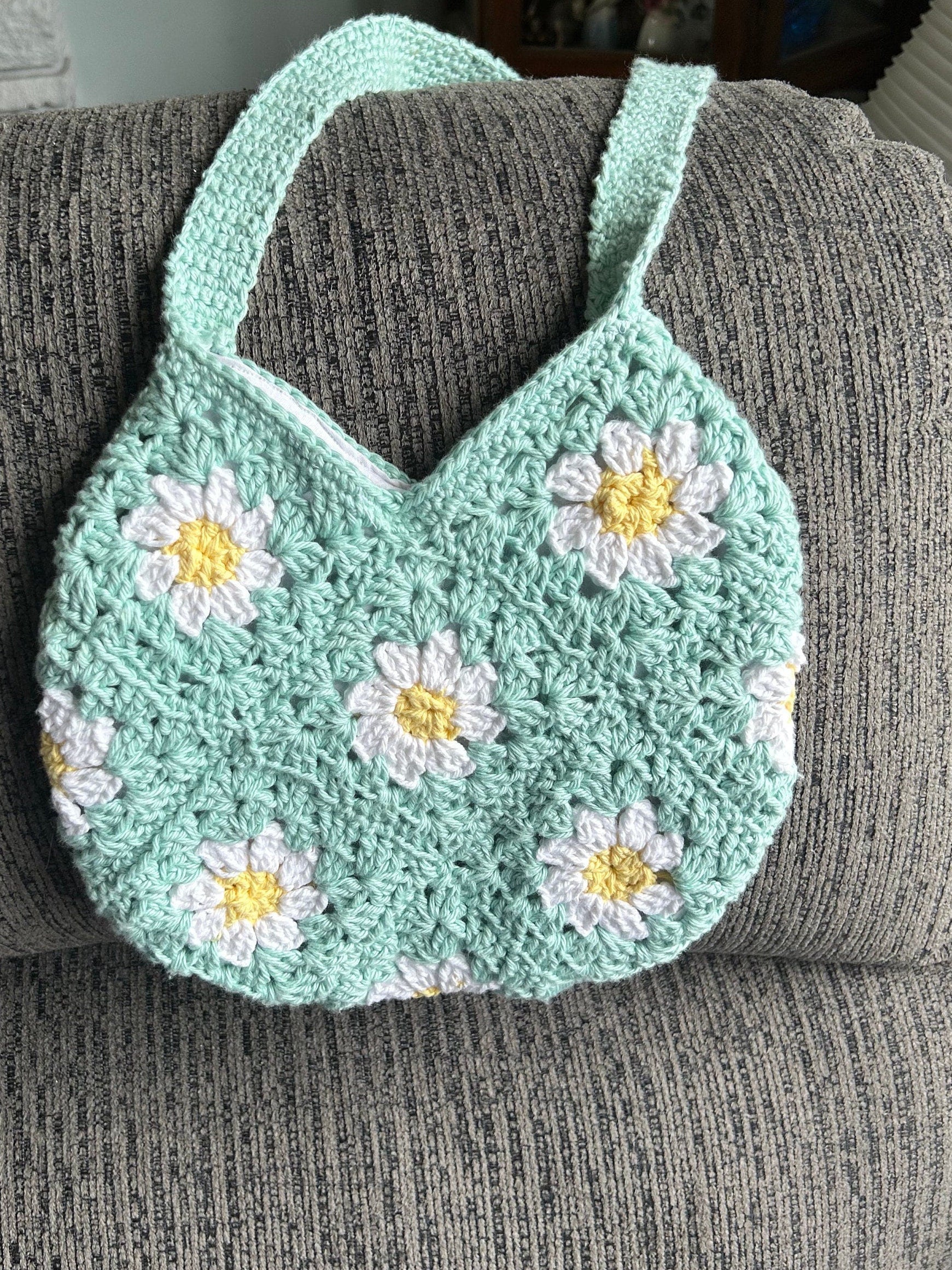 Handmade Crochet Daisy Granny Square Bag: Mint Green Cotton