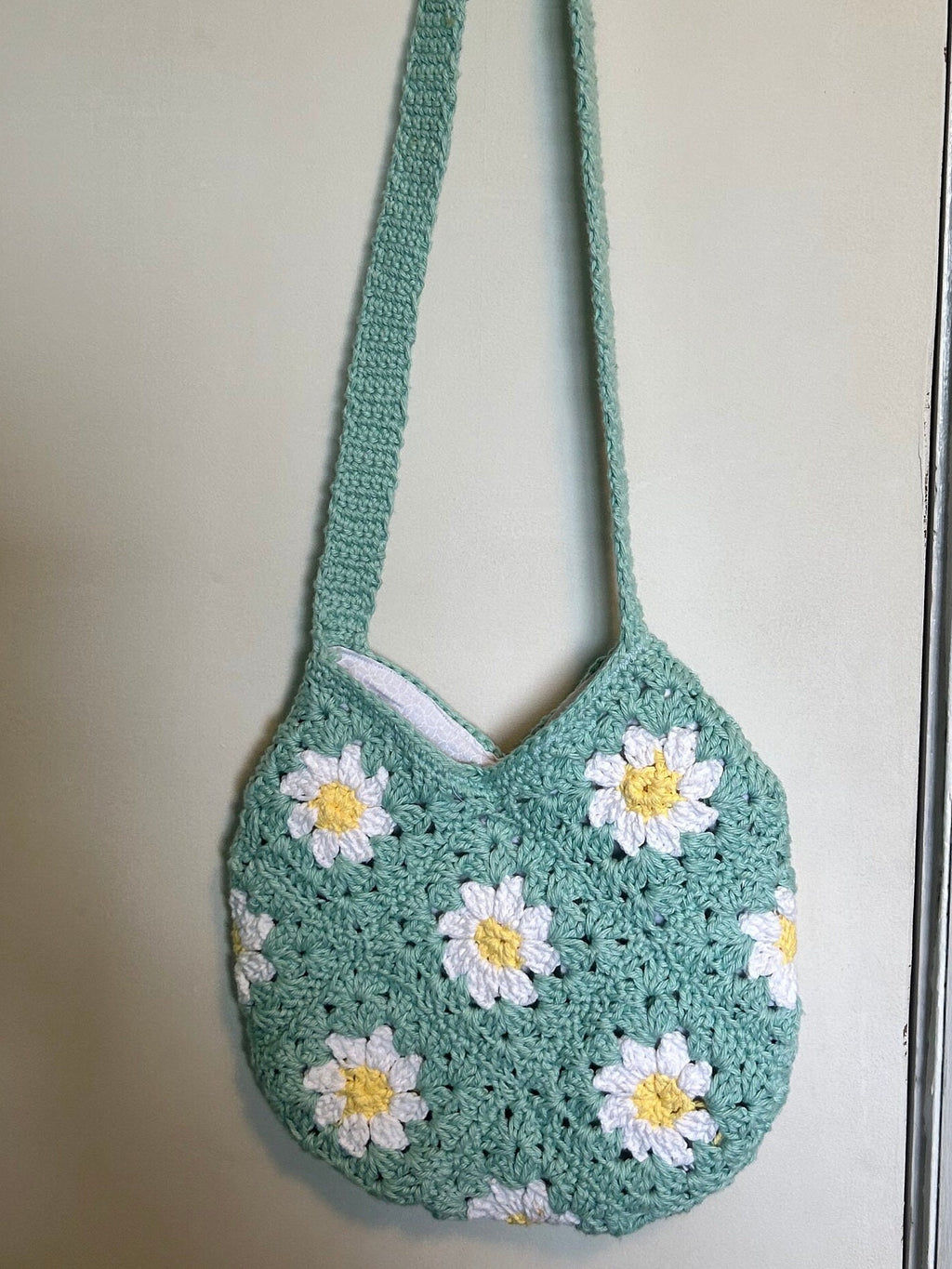 Handmade Crochet Daisy Granny Square Bag: Mint Green Cotton