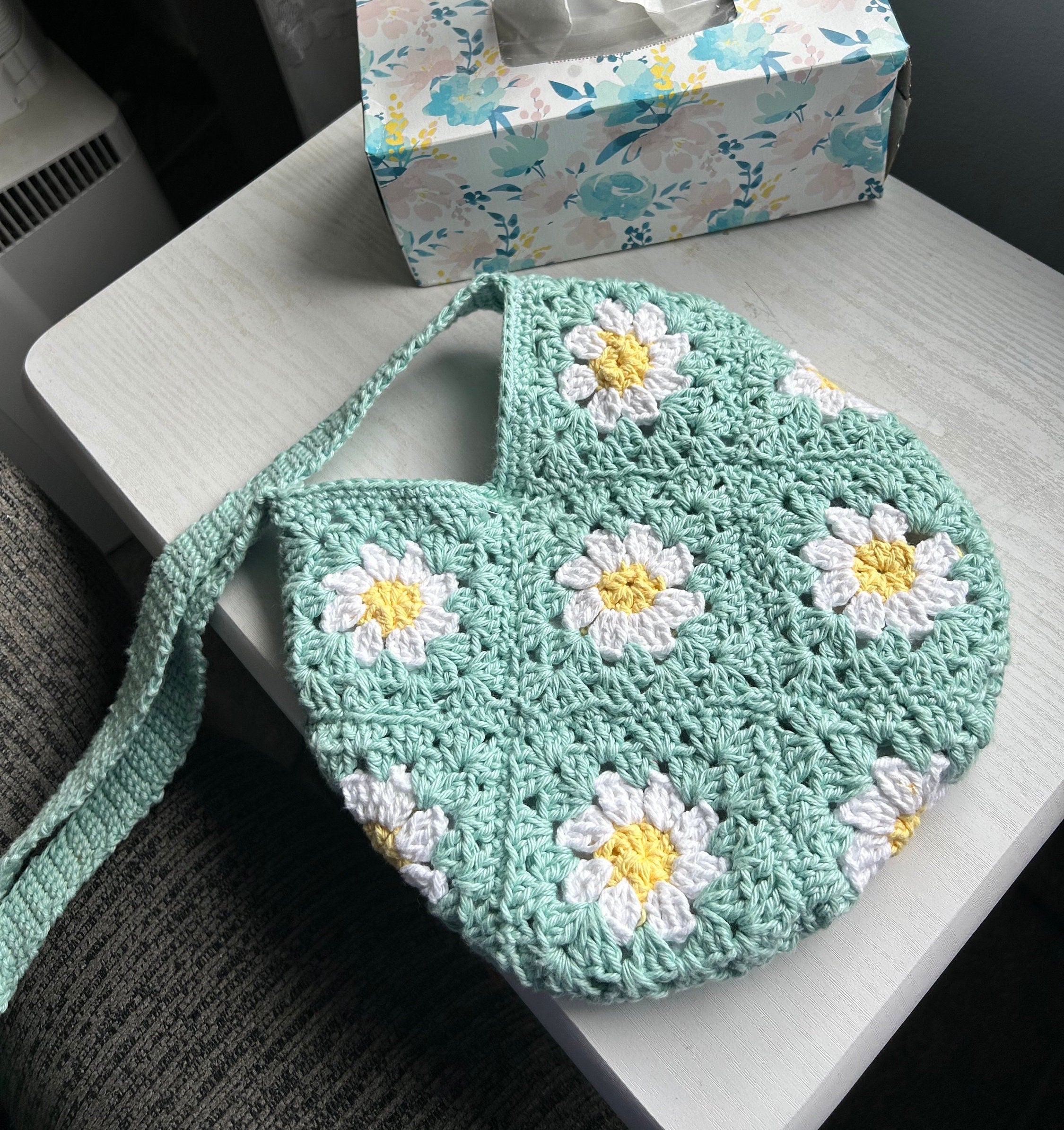 Handmade Crochet Daisy Granny Square Bag: Mint Green Cotton
