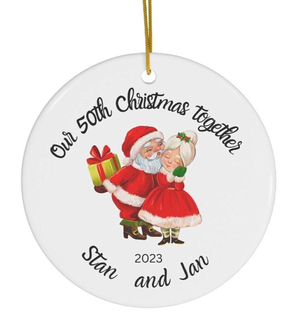 Personalized Christmas Ornament,  50th Christmas Together, Couple gift Ceramic Ornament, Fifty years as a couple ornament, Mr and Mrs Santa