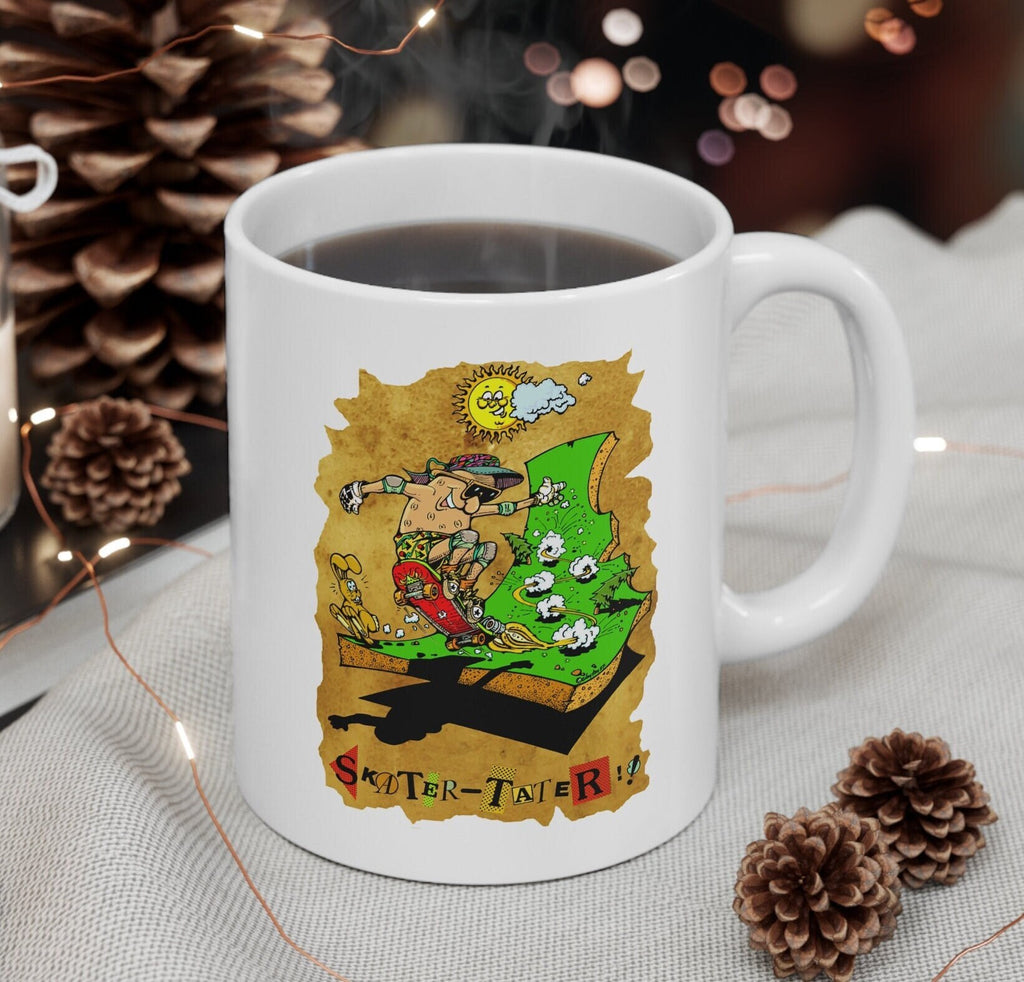 Idaho Ceramic Mug 11oz, white mug with Idaho Skater Tater design, coffee or hot chocolate mug with funny Idaho potato design, vintage art