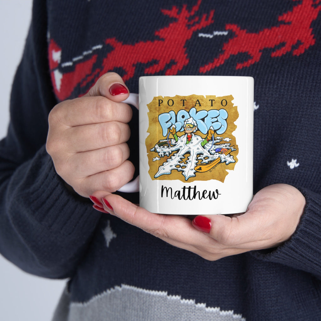 Personalized Idaho Ceramic Mug 11oz, white mug with Idaho Potato Flake design, coffee or hot chocolate mug with funny Idaho potato design