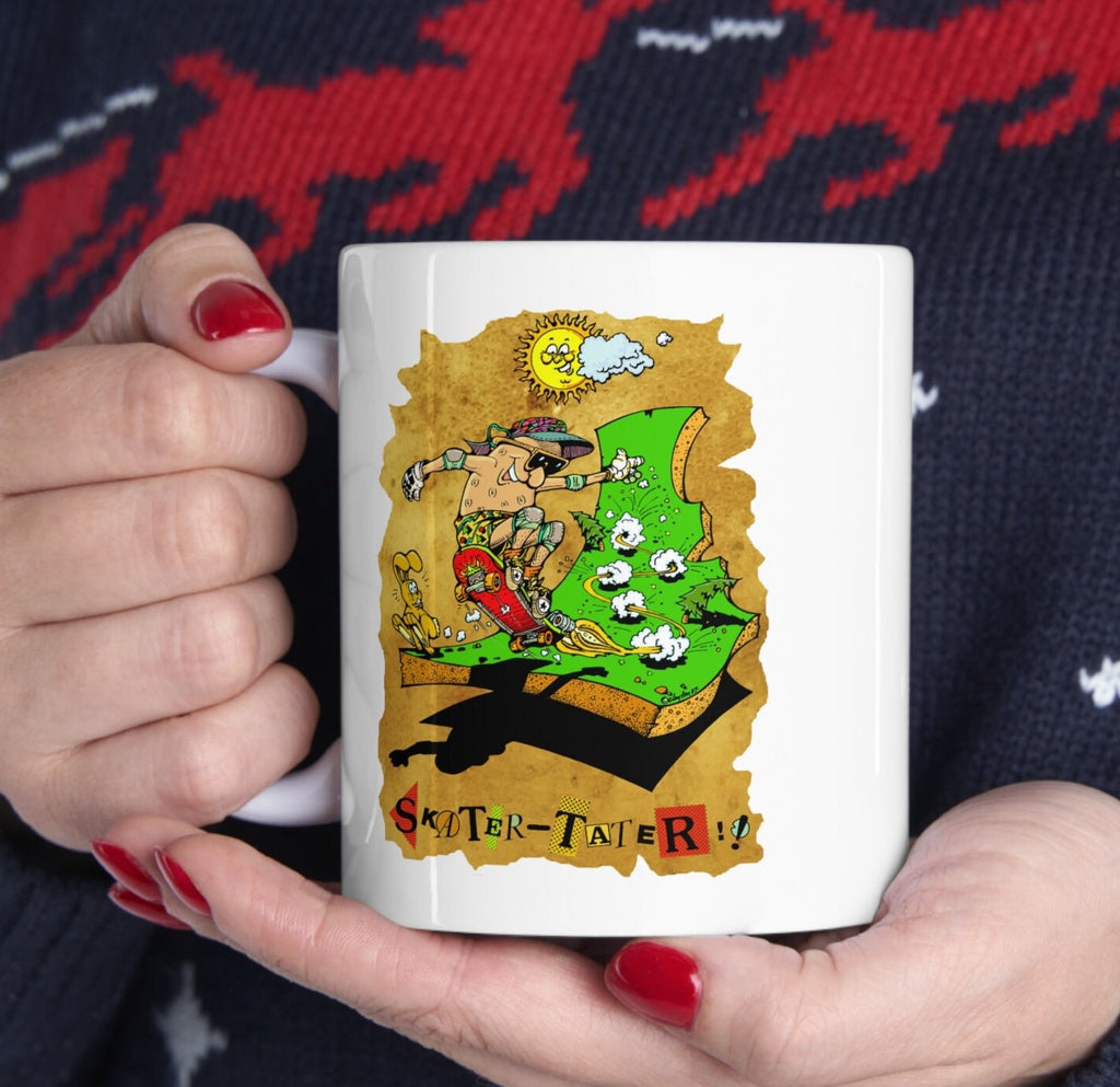 Idaho Ceramic Mug 11oz, white mug with Idaho Skater Tater design, coffee or hot chocolate mug with funny Idaho potato design, vintage art