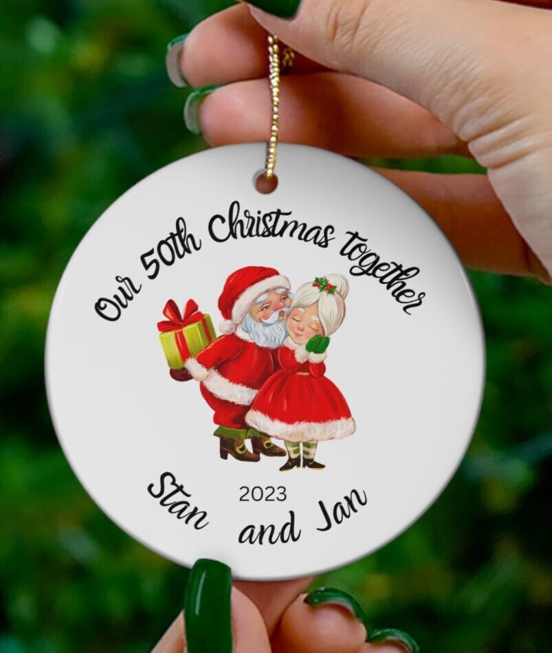 Personalized Christmas Ornament,  50th Christmas Together, Couple gift Ceramic Ornament, Fifty years as a couple ornament, Mr and Mrs Santa