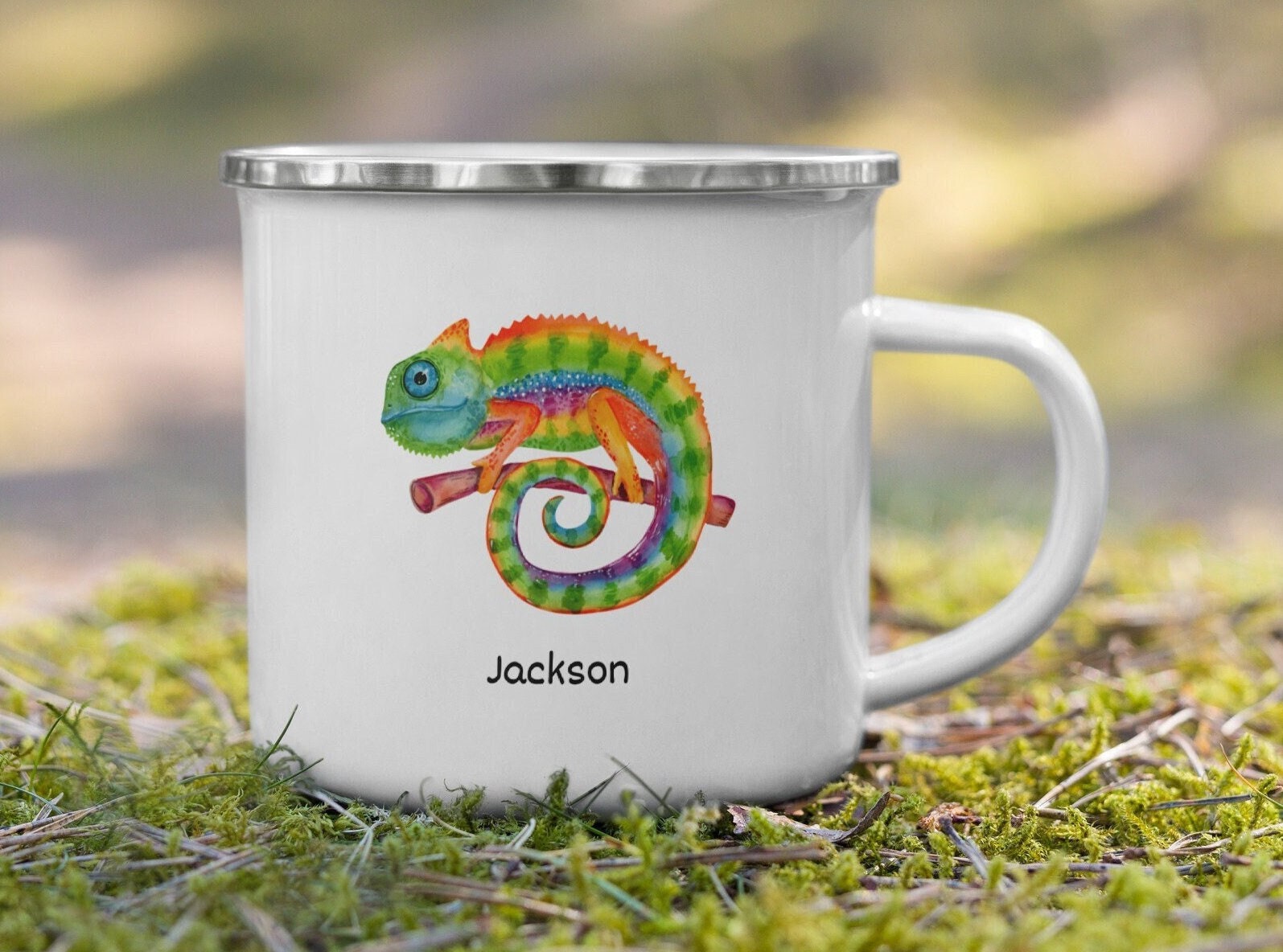 Personalized Kids Enamel Mug: Jackson Chameleon, Unbreakable Gift
