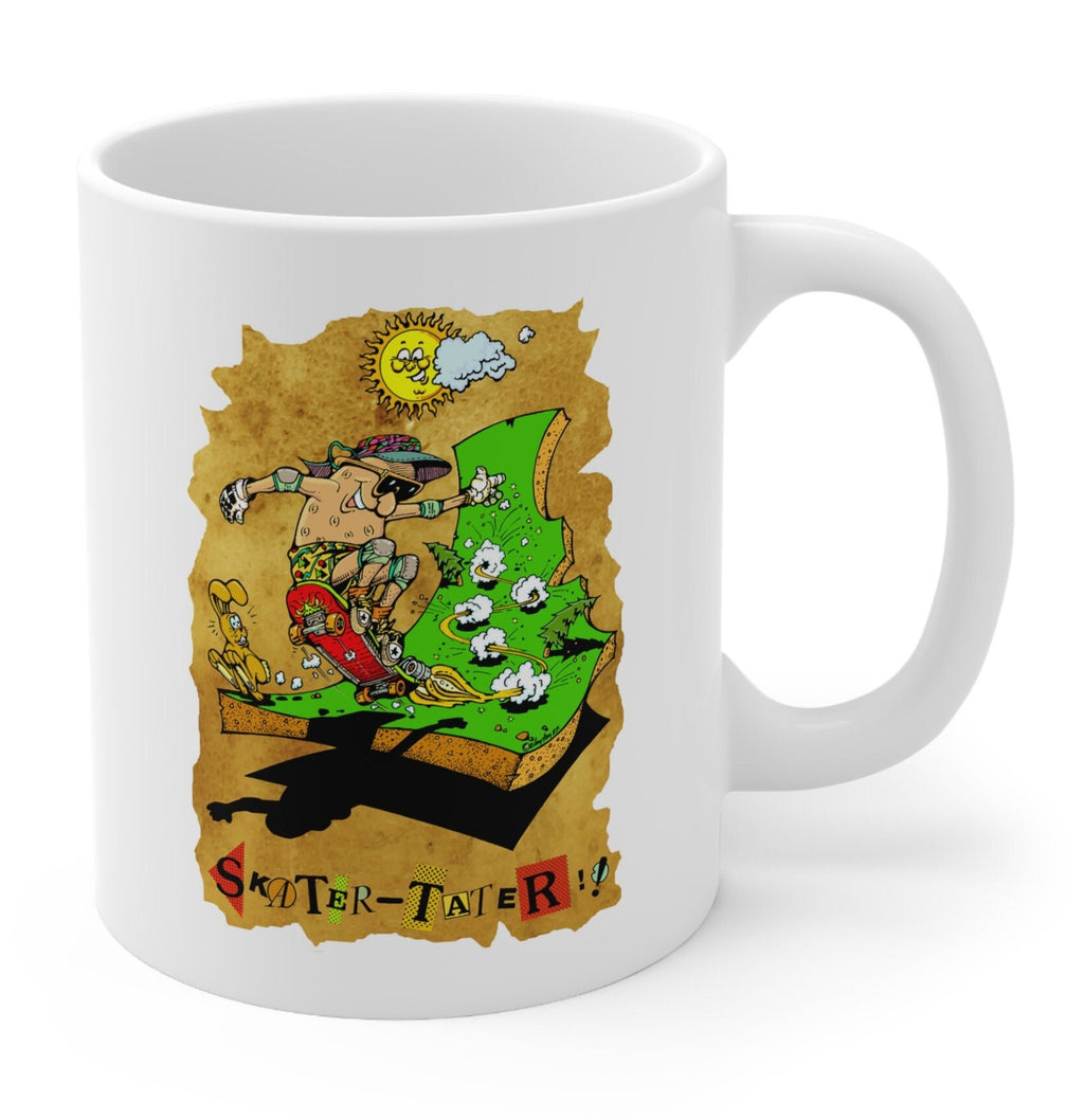 Idaho Ceramic Mug 11oz, white mug with Idaho Skater Tater design, coffee or hot chocolate mug with funny Idaho potato design, vintage art
