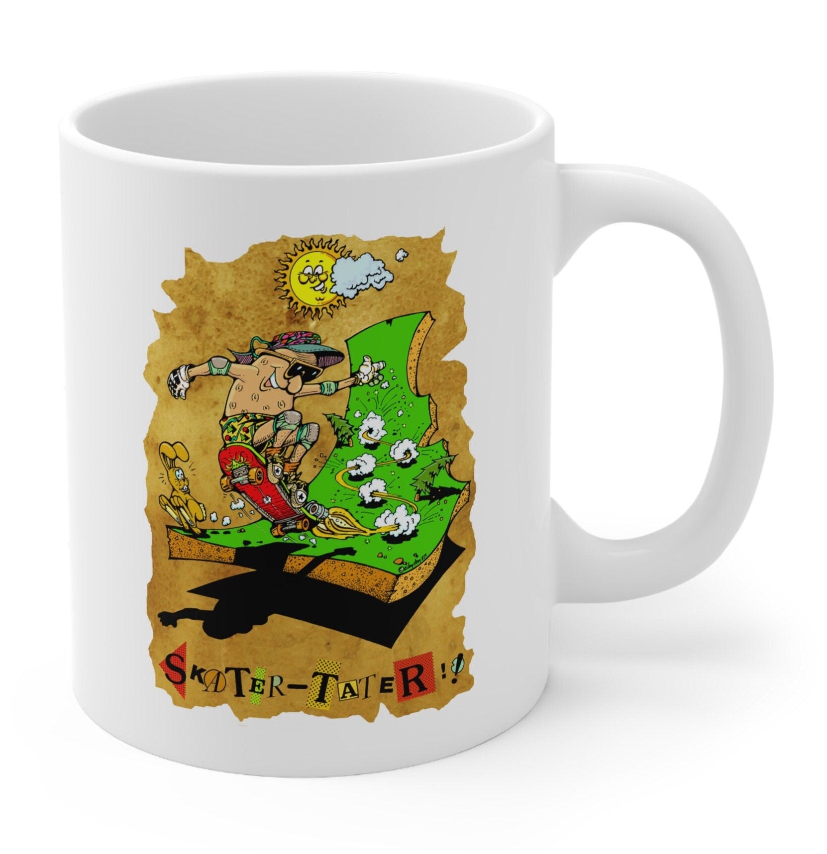 Idaho Ceramic Mug 11oz, white mug with Idaho Skater Tater design, coffee or hot chocolate mug with funny Idaho potato design, vintage art
