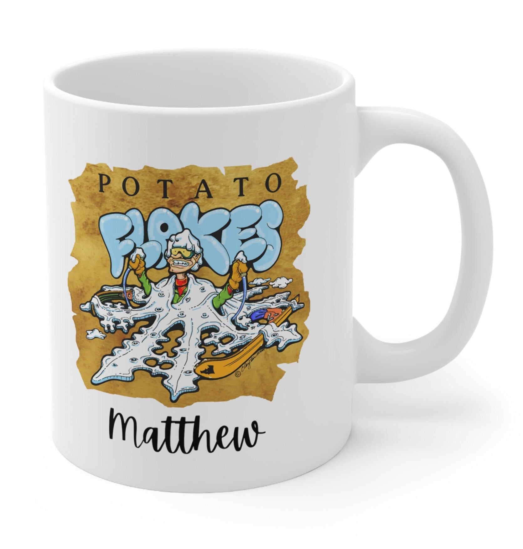 Personalized Idaho Ceramic Mug 11oz, white mug with Idaho Potato Flake design, coffee or hot chocolate mug with funny Idaho potato design