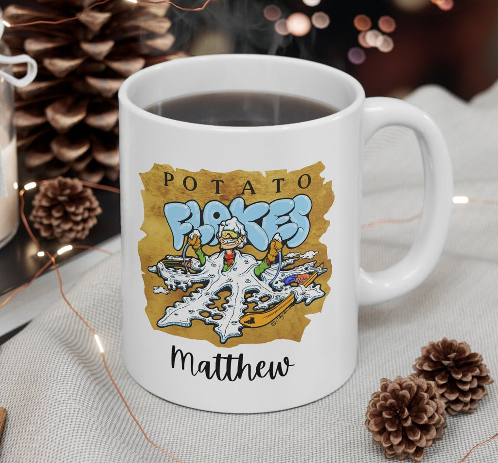 Personalized Idaho Ceramic Mug 11oz, white mug with Idaho Potato Flake design, coffee or hot chocolate mug with funny Idaho potato design