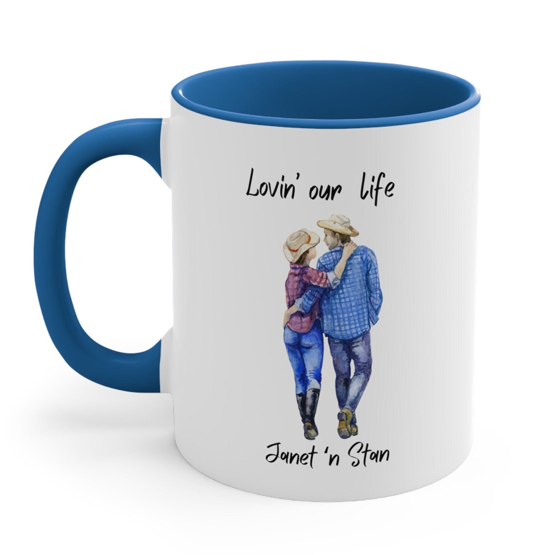 Personalized mug, country couple , Western couple, blue and white coffee mug, married anniversary gift, personalized gift mug, gift for him