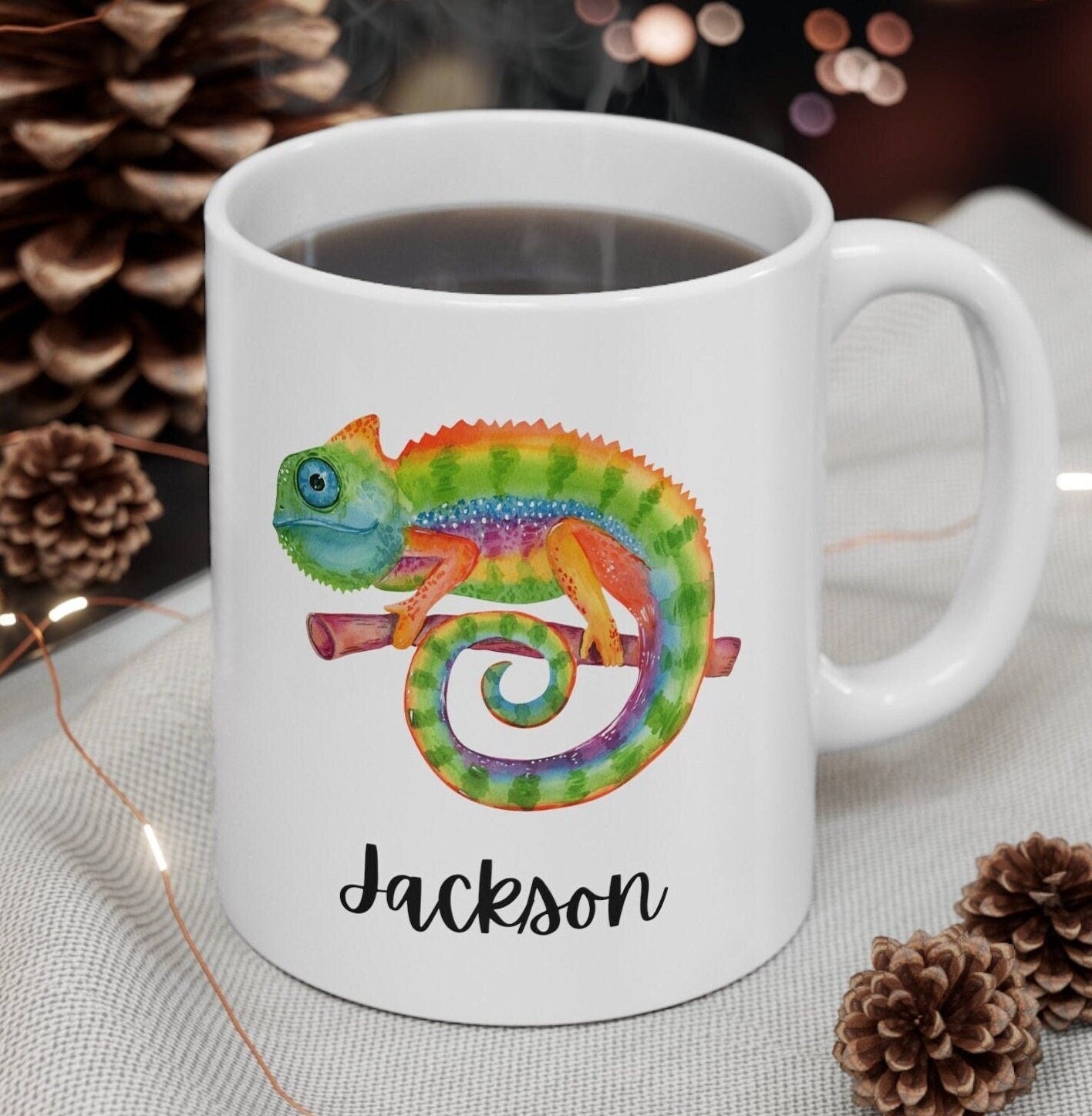 Personalized Chameleon mug, custom mug for kids or adult, hot chocolate mug, cute chameleon gift, hot cocoa mug, cute lizard mug , kids mug