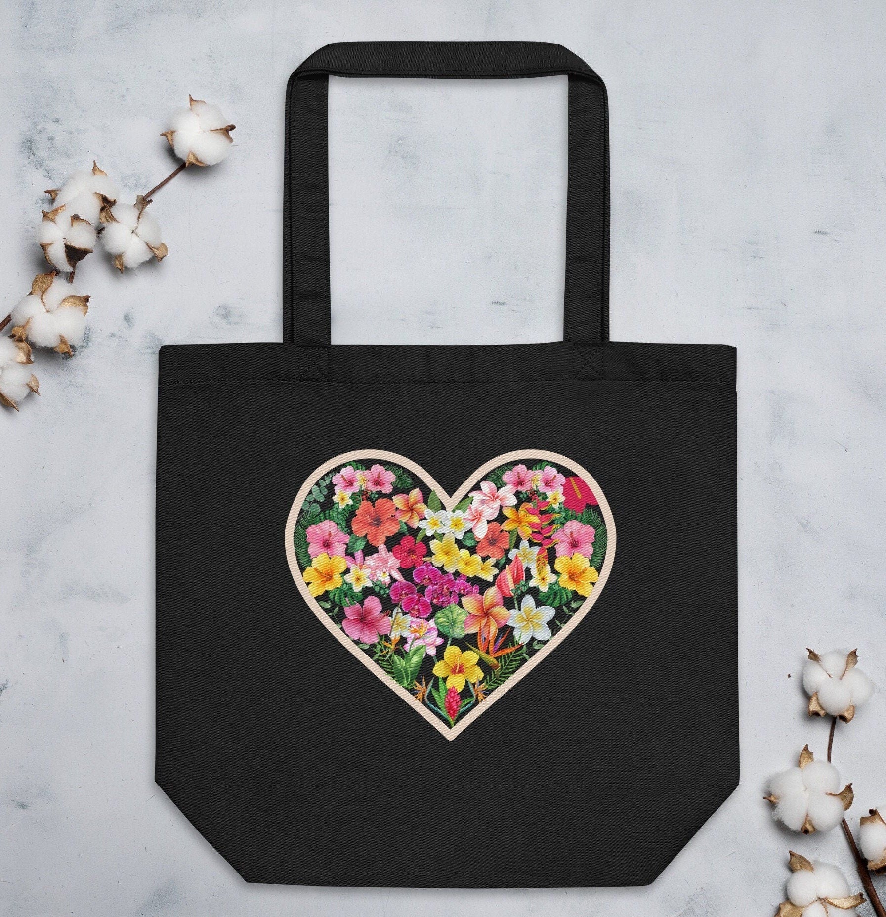 Tropical flowers tote bag, Hawaiian flowers tote bag, gift for Hawaii lover, plumeria flowers, hibiscus flowers, floral heart bag, gift mom
