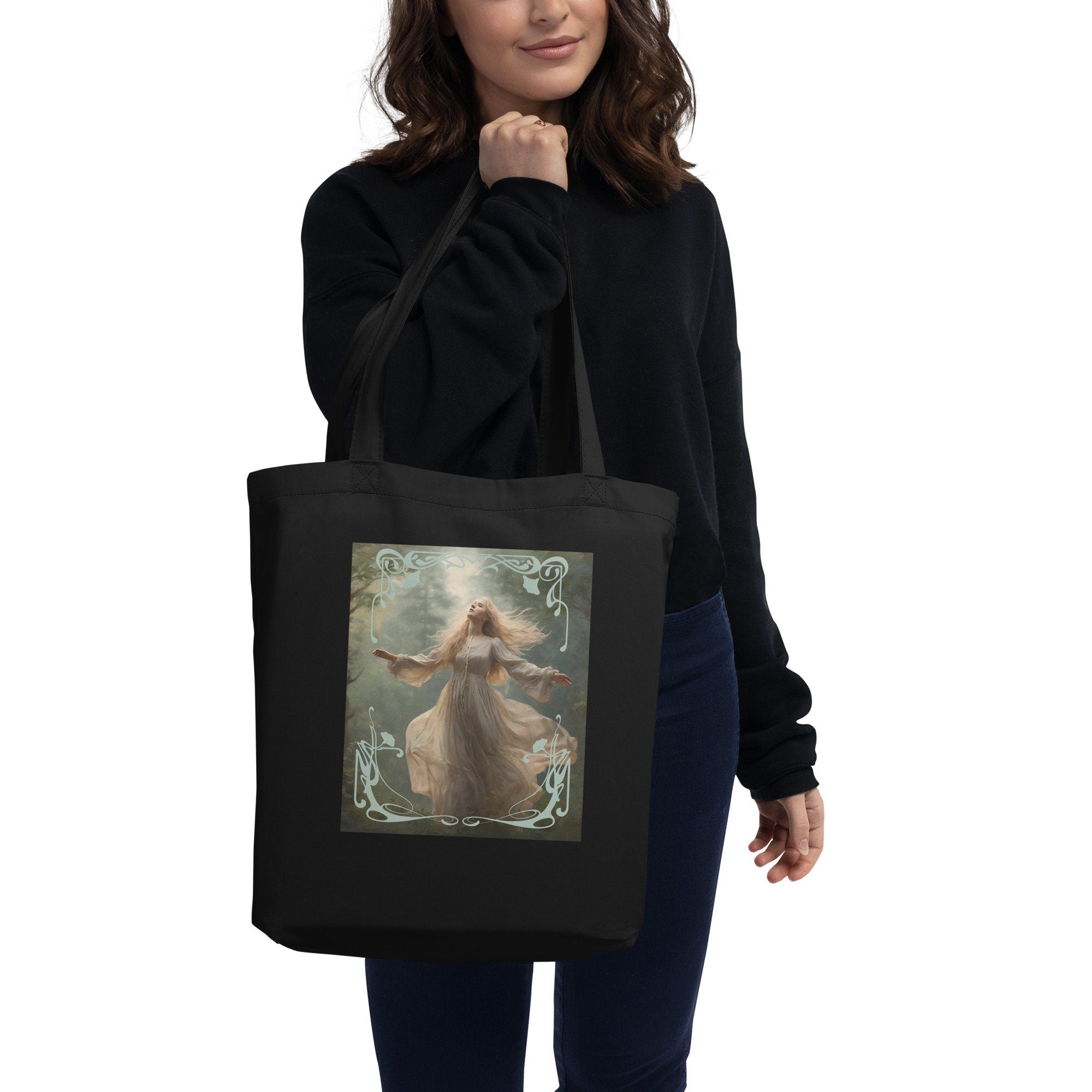Art Nouveau Eco Tote Bag, Forest Lady Tote Bag, Forest Spirit tote bag, black artistic tote bag, Cotton natural tote bag