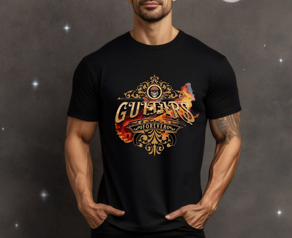 Flaming Guitar T-Shirt: Guitars Forever Slogan, Music Lover Tee