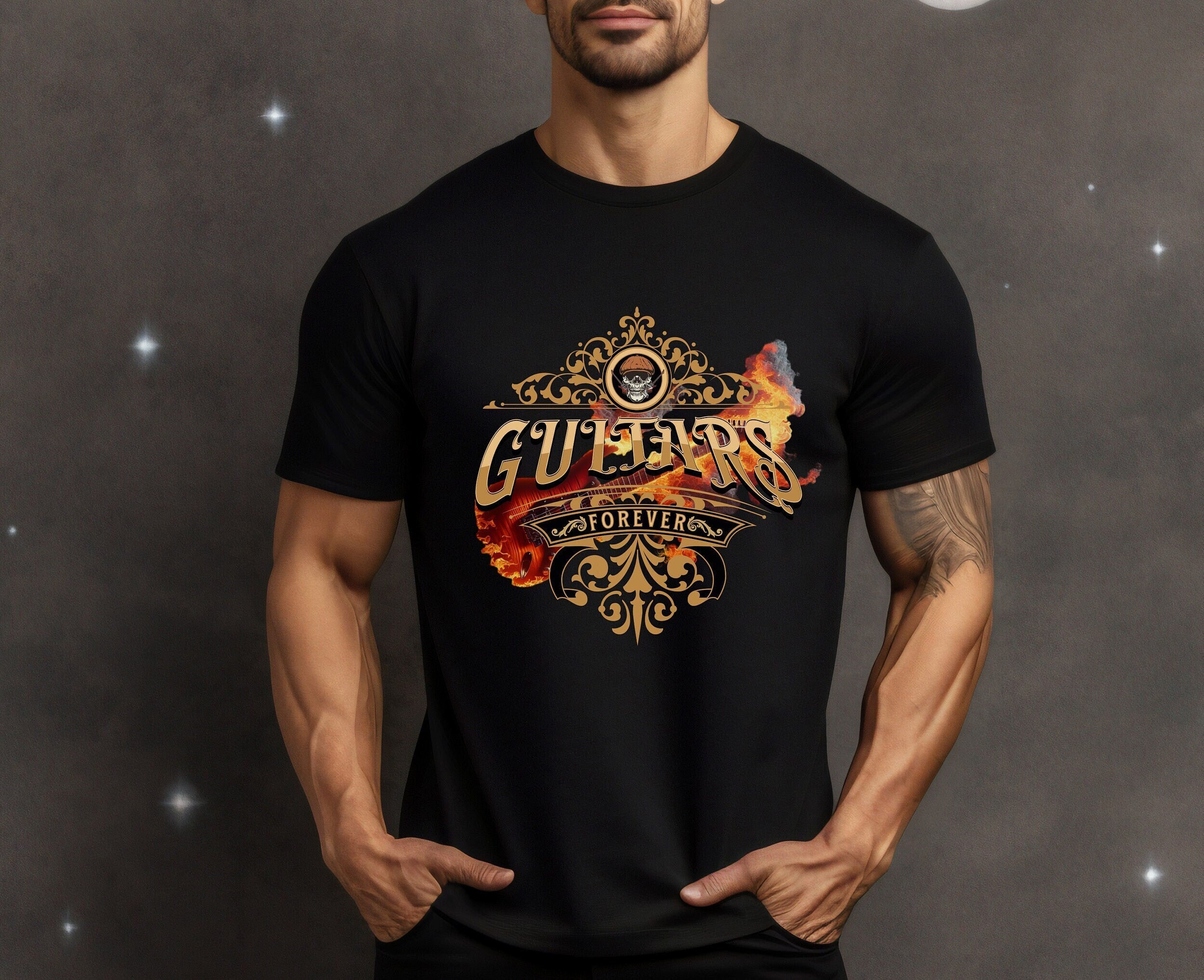 Flaming Guitar T-Shirt: Guitars Forever Slogan, Music Lover Tee