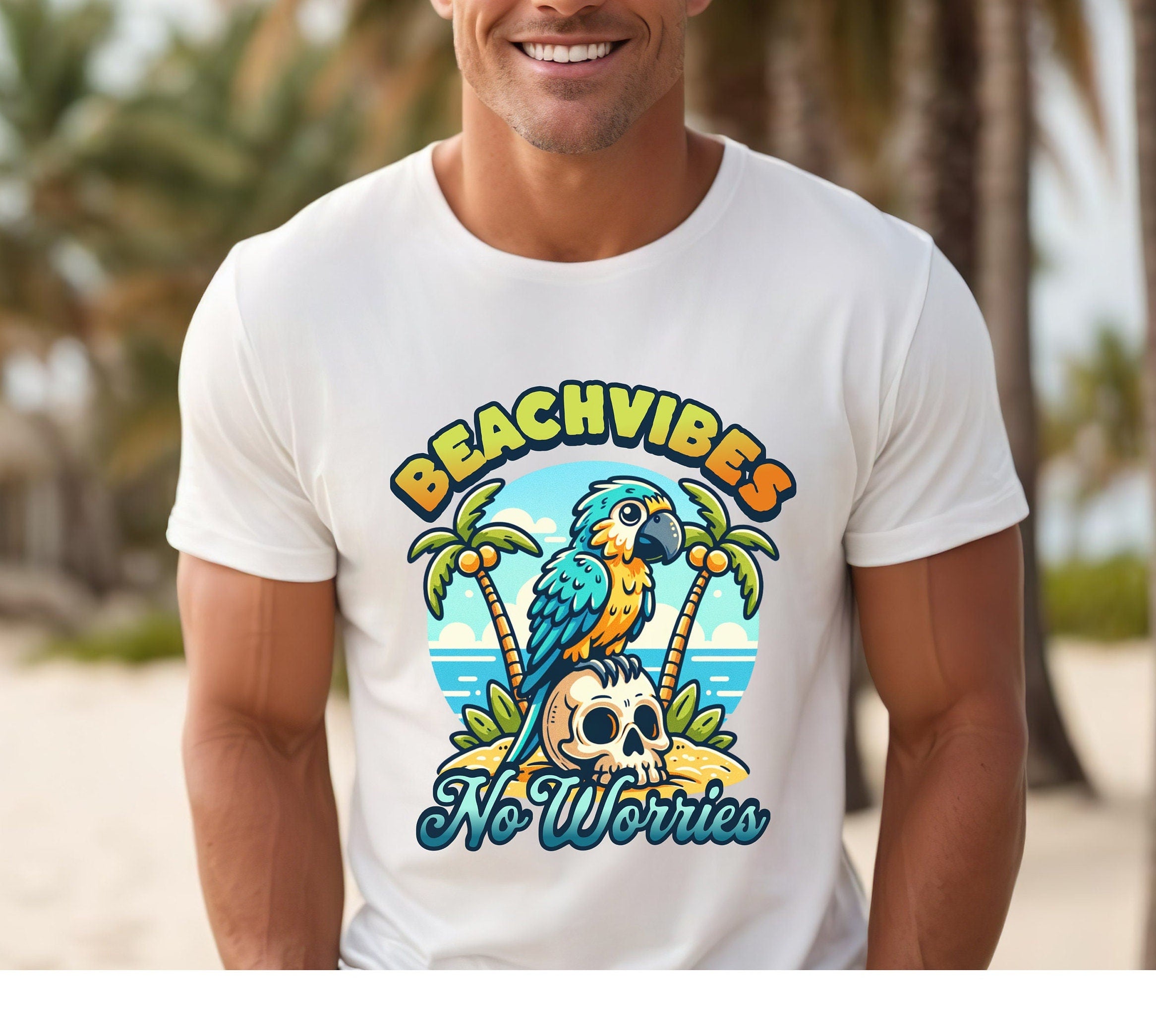 Beach Vibes T-Shirt: Parrot Skull Graphic Tee, Summer Vacation Shirt