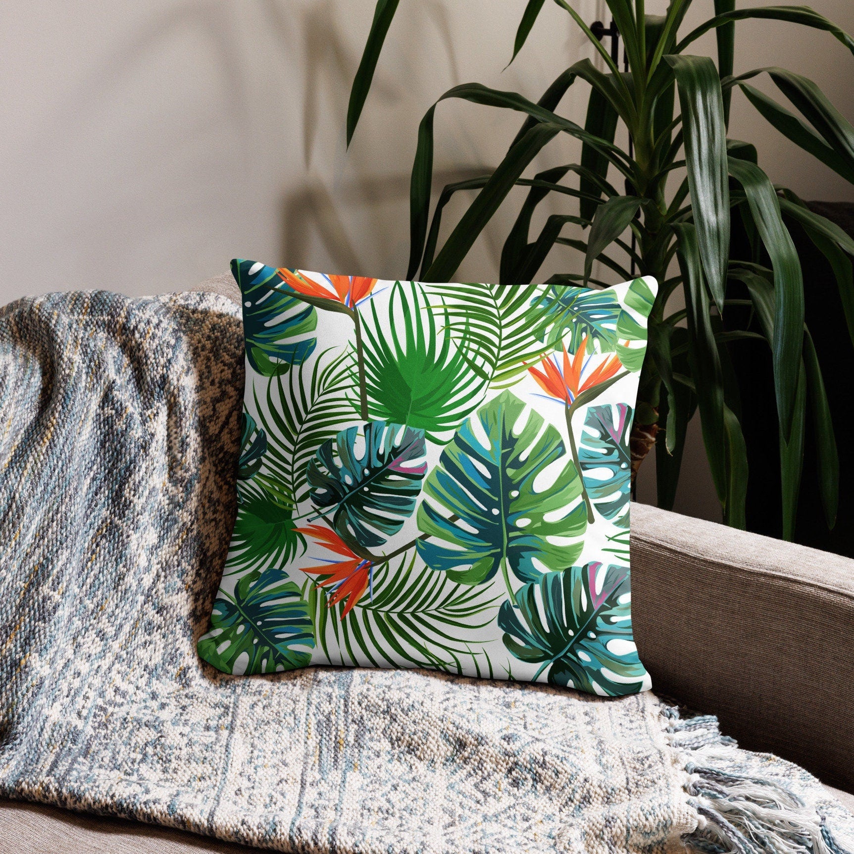 Tropical Monstera Pillow Case: Hawaiian Palm Leaf Decor (18 inch)