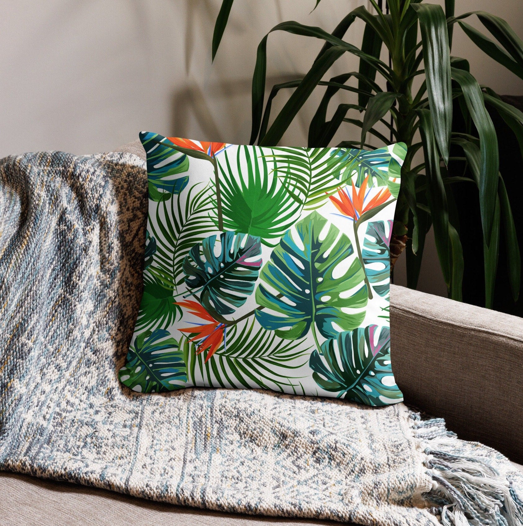 Tropical Pillow Case, Hawaiian Leaves Pillow Case, Hawaii Pillow Case, Monstera and palm pillow case, Monstera leaves pillow case, 18 inch