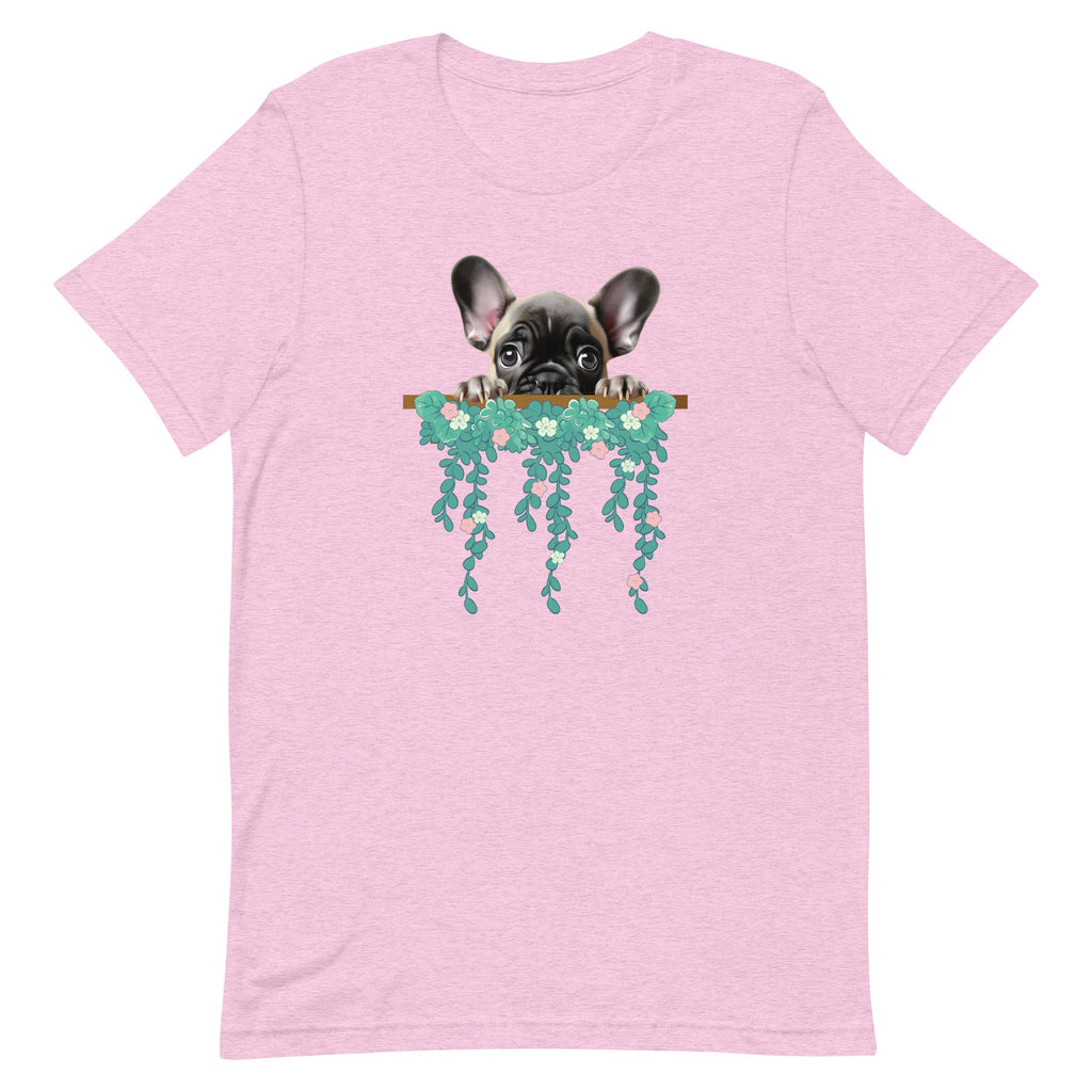 French Bulldog Peeking T-shirt: Frenchie & Flowers Unisex Tee