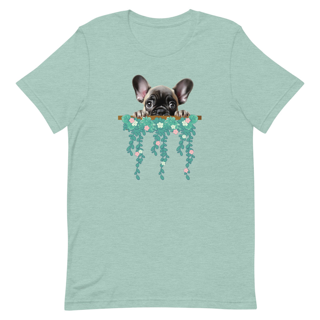 French Bulldog Peeking T-shirt: Frenchie & Flowers Unisex Tee