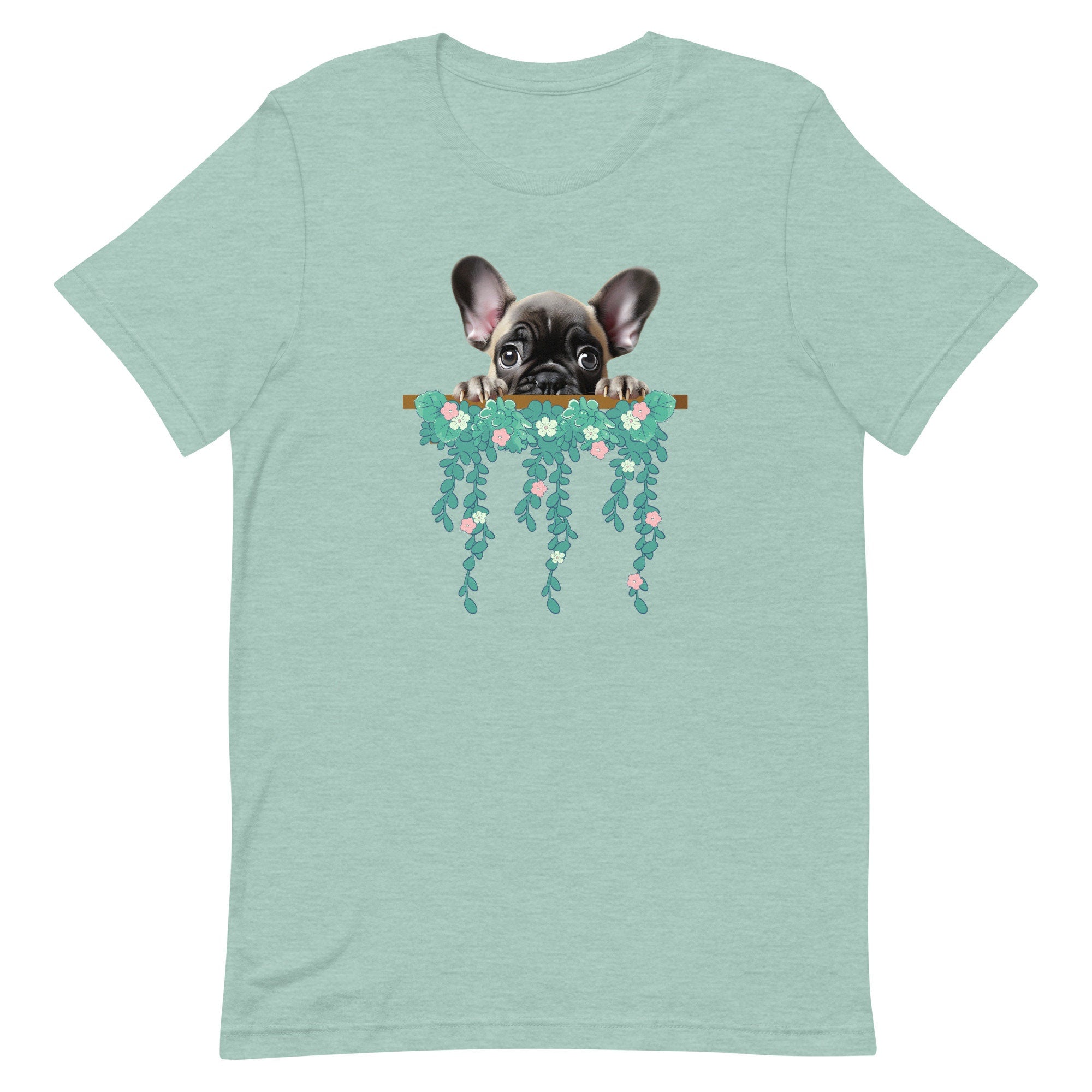 French Bulldog Peeking T-shirt: Frenchie & Flowers Unisex Tee