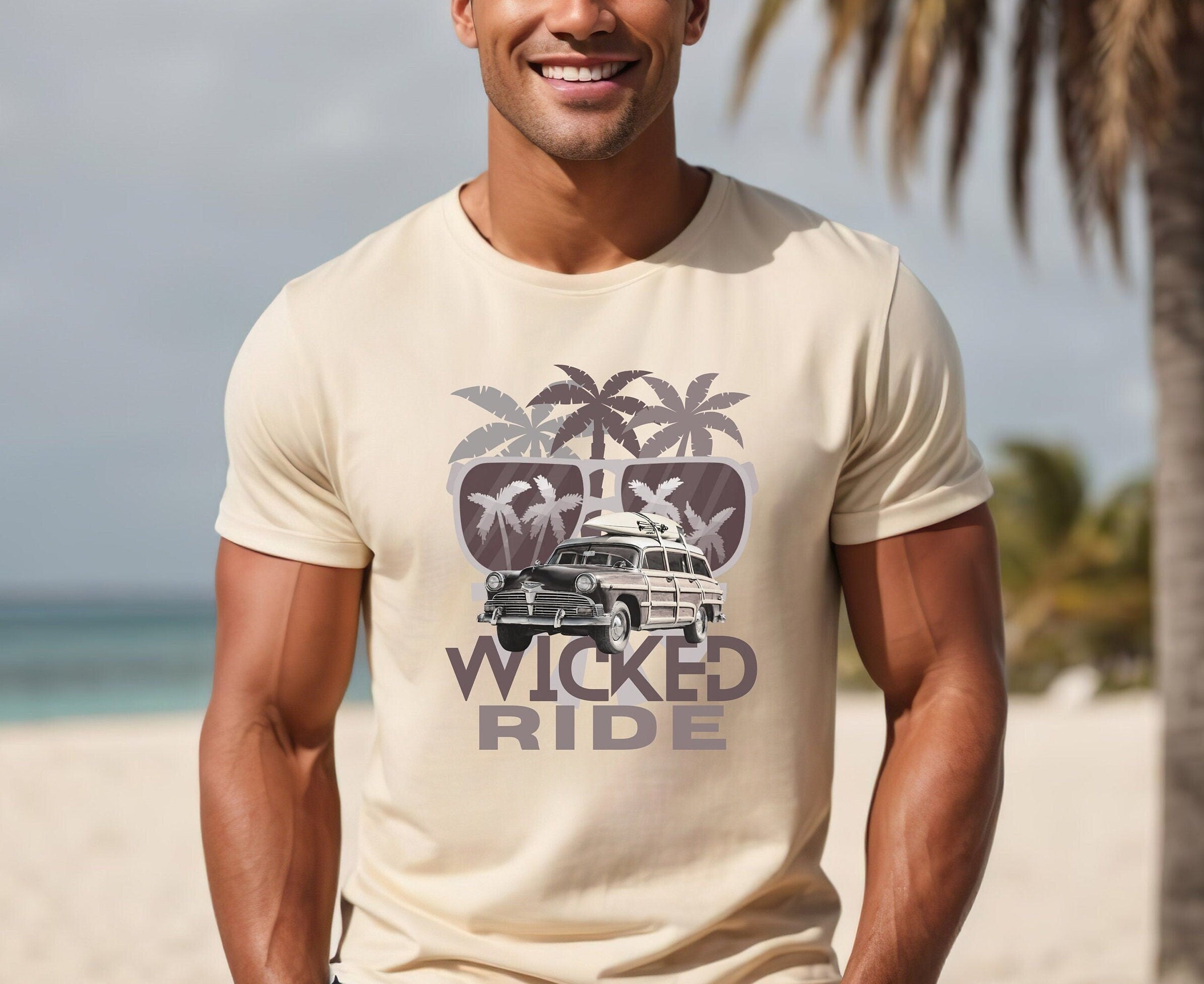 Retro Surf Wagon T-Shirt: Woody Car, Palm Tree. Beach shirt  Design